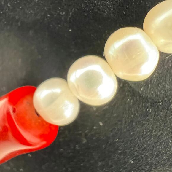 Red Coral Genuine Pearl Necklace Silver Clasp 18 inch Chunky Statement Tropical - Picture 5 of 11